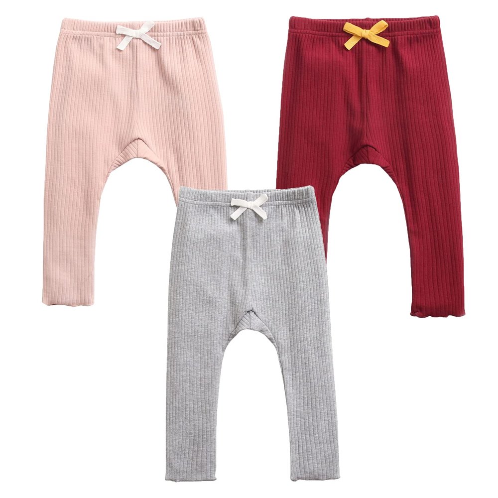 EISHOW Unisex Baby Cotton Pants Leggings,Baby Ribbed Knit Jogger Pants Solid Color Bow Leggings Newborn Fall Winter Outfits (3 Pack(Pink&red&Gray),12-18 Months,12 Months,18 Months)