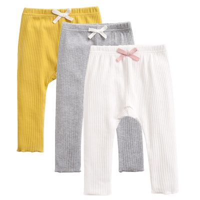 EISHOW Unisex Baby Cotton Pants Leggings,Baby Ribbed Knit Jogger Pants Solid Color Bow Leggings Newborn Fall Winter Outfits (3 Pack(Yellow&Gray&White),12-18 Months,12 Months,18 Months)
