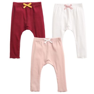 EISHOW Unisex Baby Cotton Pants Leggings,Baby Ribbed Knit Jogger Pants Solid Color Bow Leggings Newborn Fall Winter Outfits (3 Pack(red&White&Pink),2-3 Years,2 Years,3 Years)