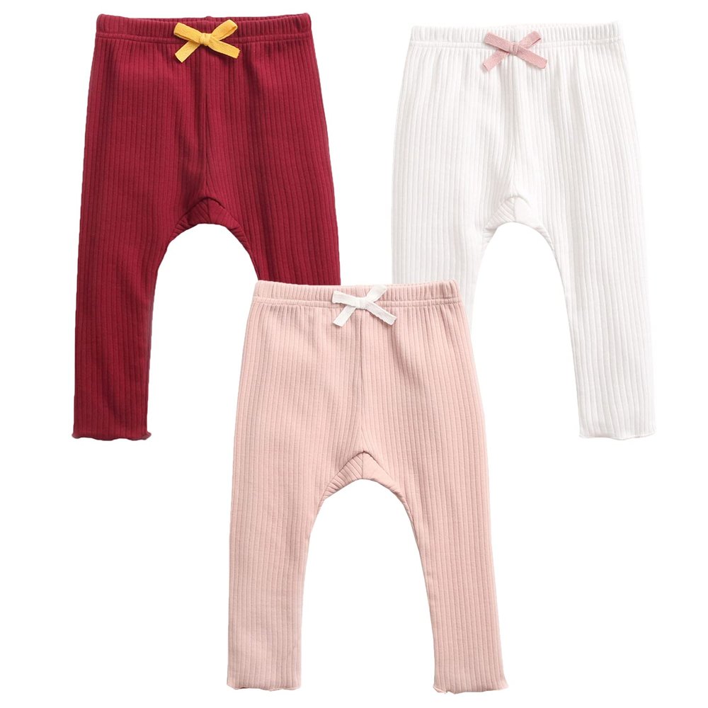 EISHOW Unisex Baby Cotton Pants Leggings,Baby Ribbed Knit Jogger Pants Solid Color Bow Leggings Newborn Fall Winter Outfits (3 Pack(red&White&Pink),2-3 Years,2 Years,3 Years)