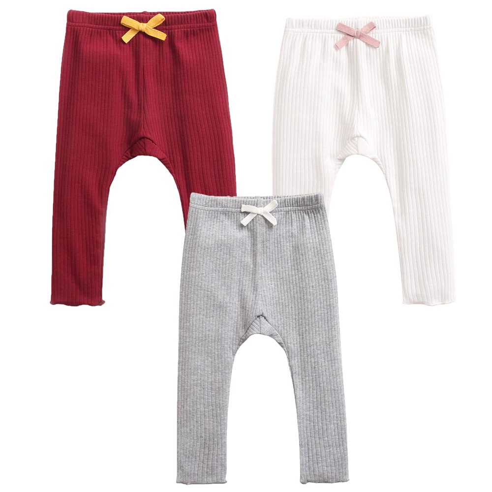 EISHOW Unisex Baby Cotton Pants Leggings,Baby Ribbed Knit Jogger Pants Solid Color Bow Leggings Newborn Fall Winter Outfits (3 Pack(red&White&Gray),2-3 Years,2 Years,3 Years)