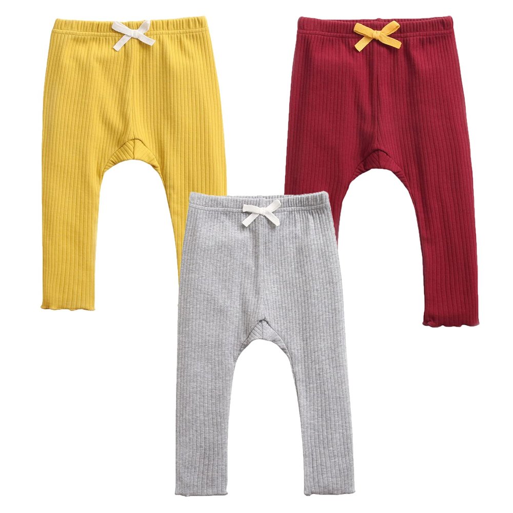 EISHOW Unisex Baby Cotton Pants Leggings,Baby Ribbed Knit Jogger Pants Solid Color Bow Leggings Newborn Fall Winter Outfits (3 Pack(Yellow&red&Gray),6-12 Months,6 Months,12 Months)