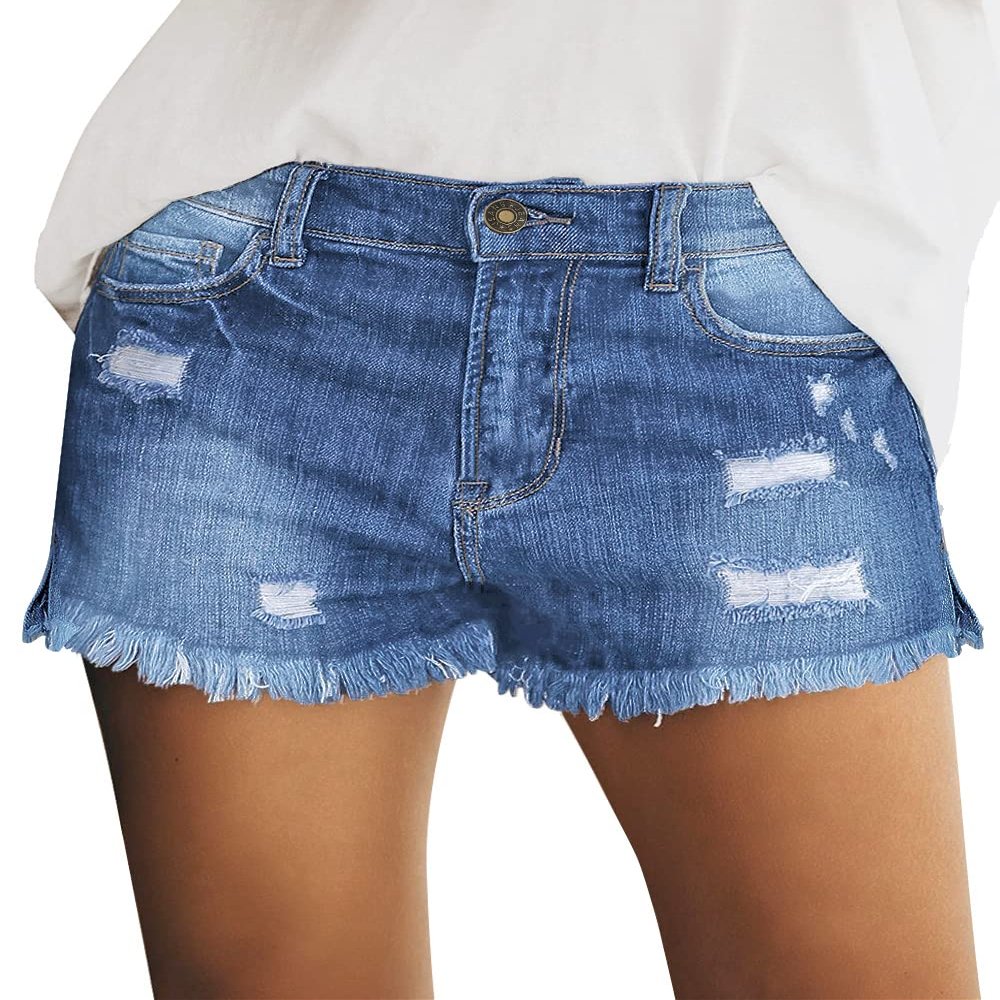 luvamia Jean Shorts Womens Mid Rise Stretchy Cut Off Frayed Denim Shorts Ripped Summer Casual Beach Vacation Clothes Classic Blue Size Medium Fits US 8-10