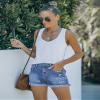 luvamia Jean Shorts Womens Mid Rise Stretchy Cut Off Frayed Denim Shorts Ripped Summer Casual Beach Vacation Clothes Classic Blue Size Medium Fits US 8-10 view 3