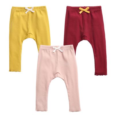 EISHOW Unisex Baby Cotton Pants Leggings,Baby Ribbed Knit Jogger Pants Solid Color Bow Leggings Newborn Fall Winter Outfits (3 Pack(Yellow&red&Pink),2-3 Years,2 Years,3 Years)