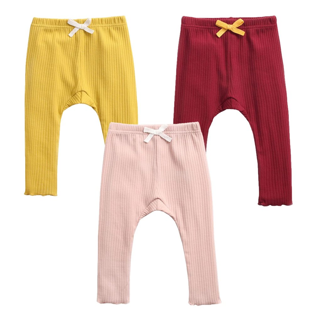 EISHOW Unisex Baby Cotton Pants Leggings,Baby Ribbed Knit Jogger Pants Solid Color Bow Leggings Newborn Fall Winter Outfits (3 Pack(Yellow&red&Pink),2-3 Years,2 Years,3 Years)