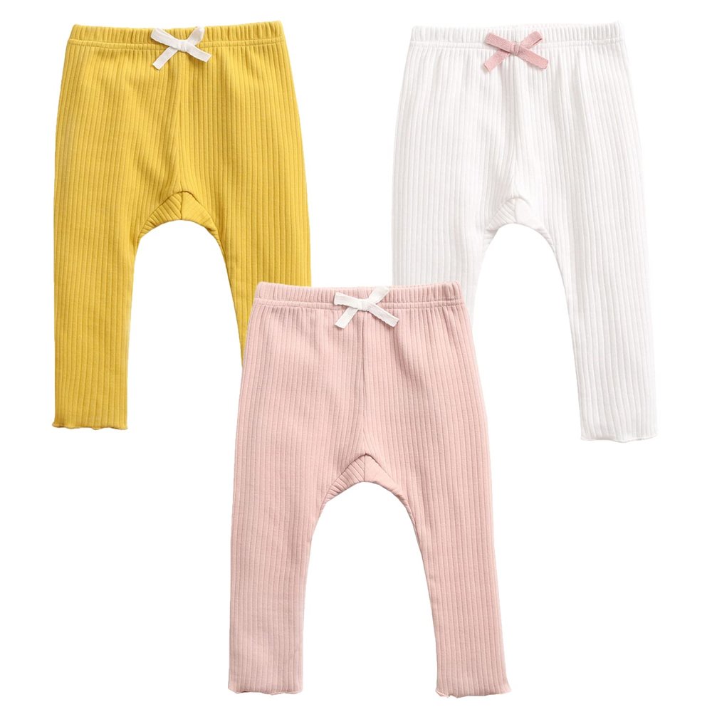 EISHOW Unisex Baby Cotton Pants Leggings,Baby Ribbed Knit Jogger Pants Solid Color Bow Leggings Newborn Fall Winter Outfits (3 Pack(Yellow&White&Pink),3-4 Years,3 Years,4 Years)