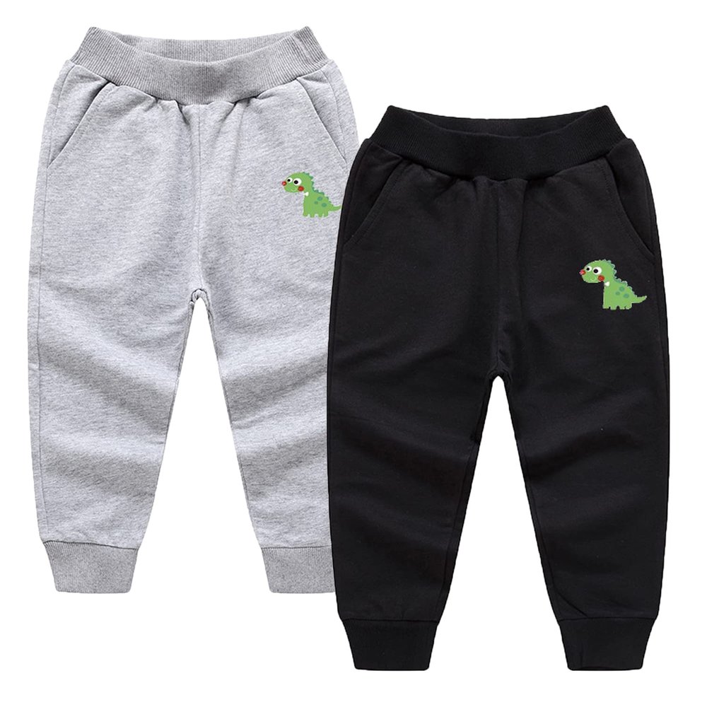EISHOW Toddler Boys Girls Dinosaur Sweatpants Cartoon Print Sports Jogging Active Pants Kids Casual Cotton Elastic Trousers (2pcs-Black&Gray,7-8 Years,7 Years,8 Years)