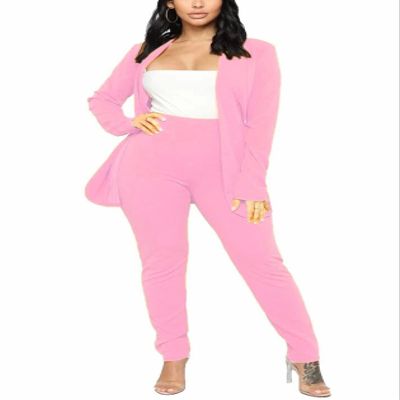 Plus Size Pants Suit Womens Casual Solid Open Front Blazer with Pencil Pants Set Long Sleeve Office Outfits Pink