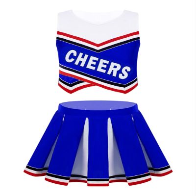 renvena High School Girls Cheerleading Uniform Sleeveless Crop Top with Pleated Skirts Halloween Dancewear Royal Blue 12
