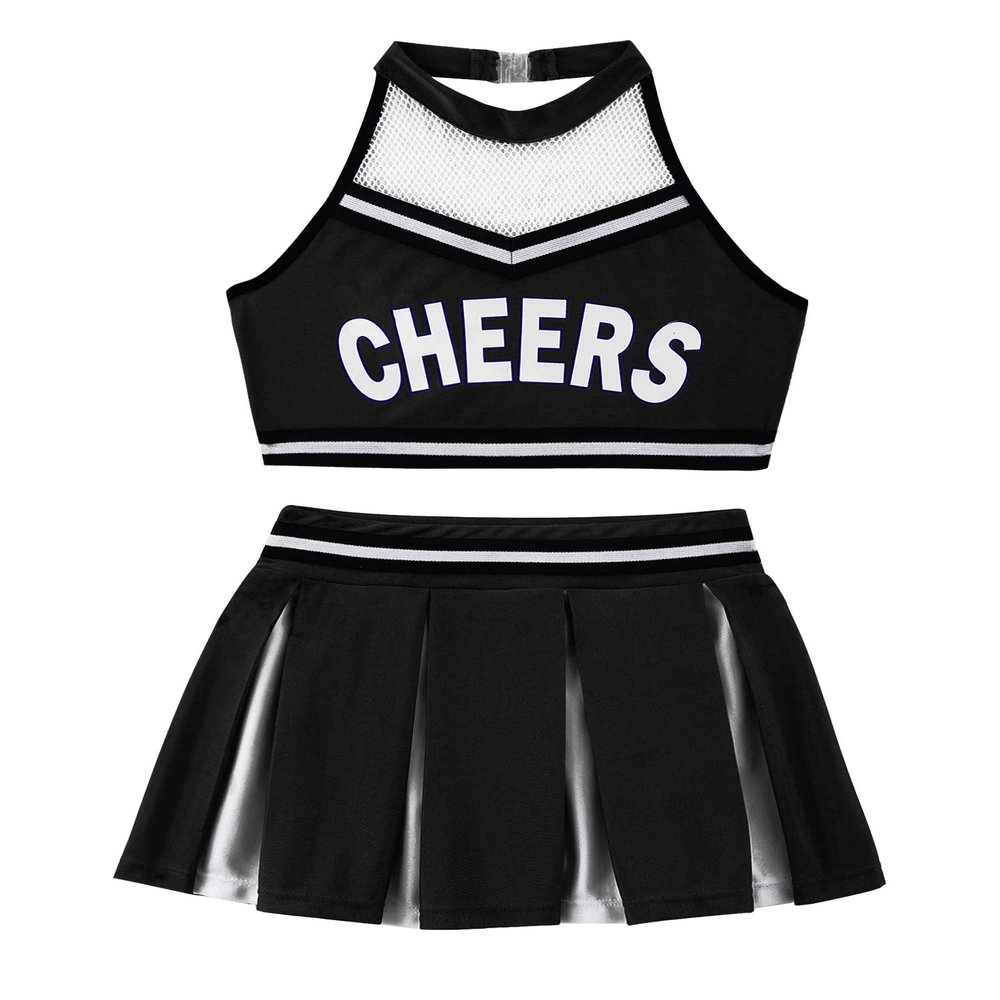 Moily Girls Classic Cheerleading Team Uniform Mesh Splice Crop Top with Pleated Boxer Skirts Rooter Stage Suit Mesh Black 12-14 Years