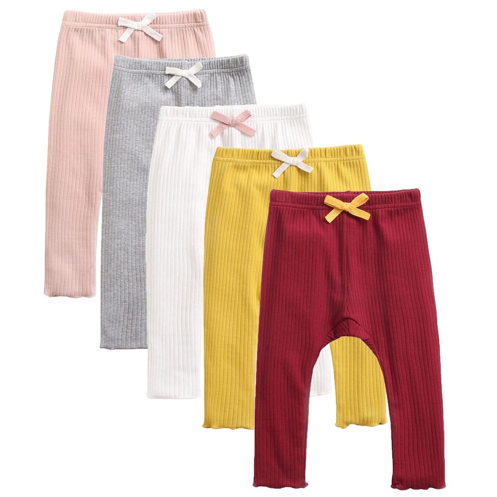 EISHOW Unisex Baby Cotton Pants Leggings,Baby Ribbed Knit Jogger Pants Solid Color Bow Leggings Newborn Fall Winter Outfits (5 Pack,12-18 Months,12 Months,18 Months)