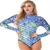 ACSUSS Womens Long Sleeve Rash Guard Mermaid Scale Print Sun Protection Swimsuit 2# Colorful S view 1