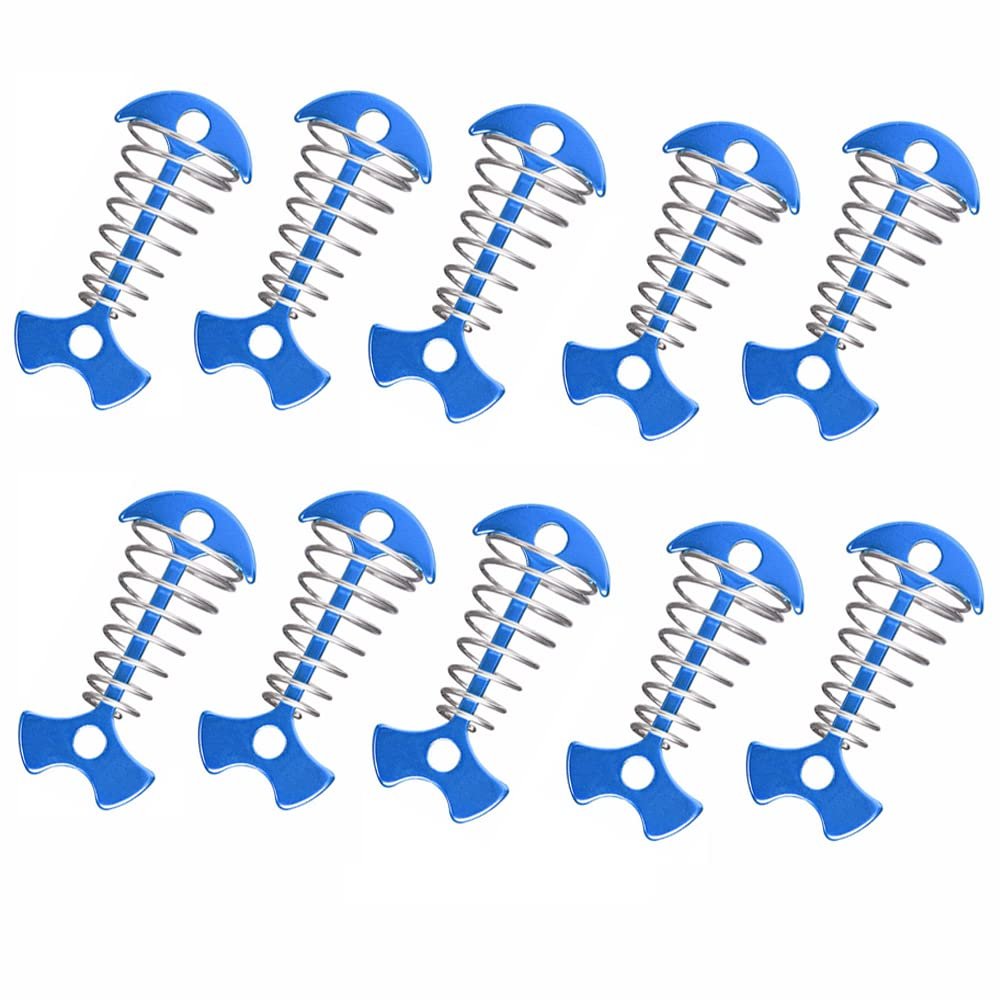 tooloflife Aluminium Alloy Fishbone Deck Anchor Pegs, Portable Camping Tent Nail with Spring Buckle, Outdoor Camping Accessoriness, Pack of 10, Blue