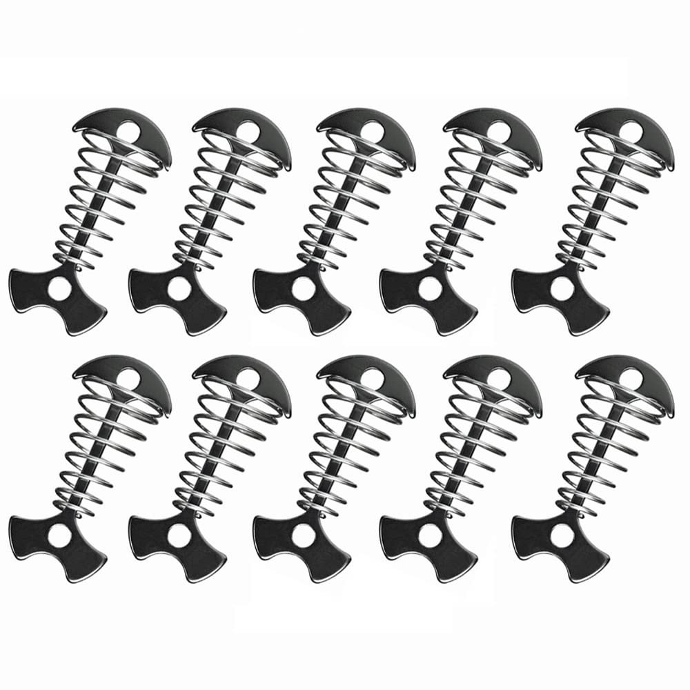 tooloflife Aluminium Alloy Fishbone Deck Anchor Pegs, Portable Camping Tent Nail with Spring Buckle, Outdoor Camping Accessoriness, Pack of 10, Black