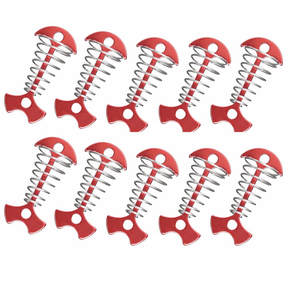 tooloflife Aluminium Alloy Fishbone Deck Anchor Pegs, Portable Camping Tent Nail with Spring Buckle, Outdoor Camping Accessoriness, Pack of 10, Red