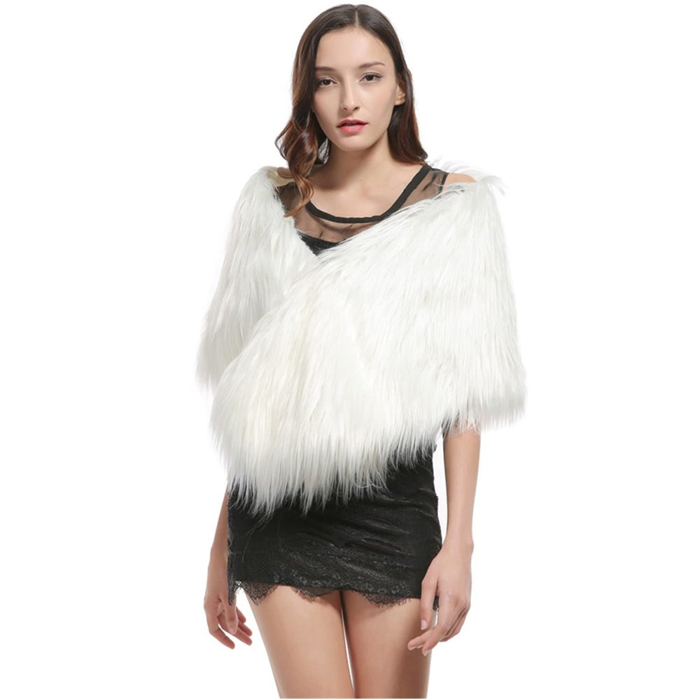 RUIXIA Winter Warm Faux Fur Wedding Party Bride Shawl Shrug Plush Cape Bolero Waistcoat Tippet Evening Dress Shoulder Wraps Stole, White, One Size, WEDRE125