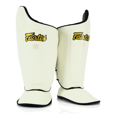 Fairtex SP8 Muay Thai Shin Guards for Men, Women, Kids | Shin Guards Made with Syntek Leather & are Premium, Lightweight & Durable | Expanded Side Protection (White/Extra Large)