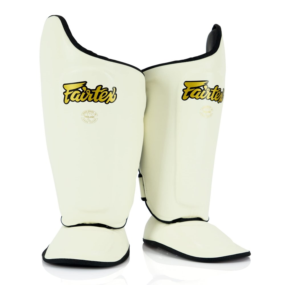 Fairtex SP8 Muay Thai Shin Guards for Men, Women, Kids | Shin Guards Made with Syntek Leather & are Premium, Lightweight & Durable | Expanded Side Protection (White/Extra Large)