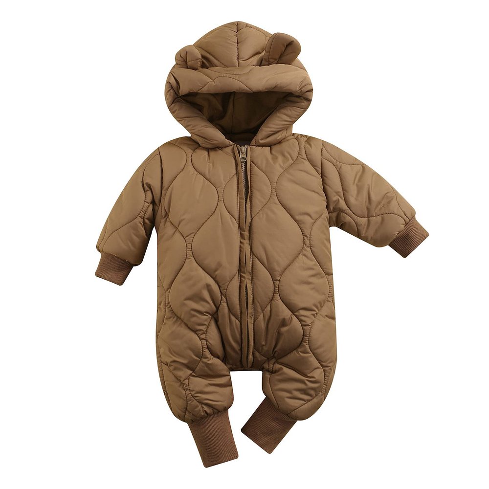 BeQeuewll Baby Boy Girl Winter Coat Zipper Puffer Jacket Long Sleeve Hooded Jumpsuit Snowsuit Romper Outwear (Brown, 6-12 Months)