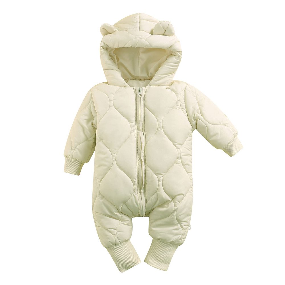 BeQeuewll Baby Boy Girl Winter Coat Zipper Puffer Jacket Long Sleeve Hooded Jumpsuit Snowsuit Romper Outwear (Apricot, 6-12 Months)
