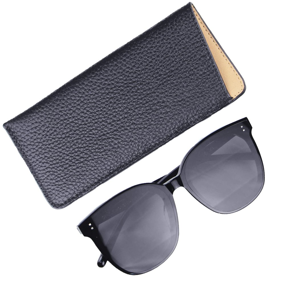 WAYNE'S DOG Genuine Leather Slip in Glasses Sleeve Eye Glasses Case Pouch, Sunglasses Case Holder (Black-Litchi Leather)