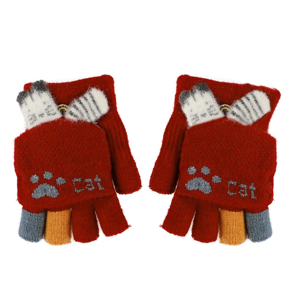 Convertible Flip Top Gloves,Winter Wool Knitted Fingerless Gloves with Mitten Cover for Toddler Kids Girls Boys 2-8 Yrs (Cat Footprint, Red)