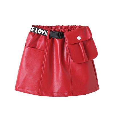 JEATHA Toddler Baby Girls PU Leather Skirt Letter Printed Waist Belt A Line Mini Dress with Pocket Red 1 4-5 Years