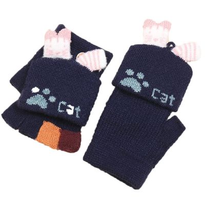 Greenery-GRE Convertible Flip Top Gloves,Winter Wool Knitted Fingerless Gloves with Mitten Cover for Toddler Kids Girls Boys 2-8 Yrs (Cat Footprint, Navy Blue)