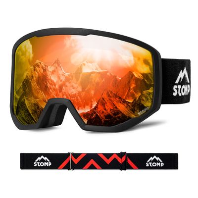 STOMP Ski/Snowboarding Goggles 100% UV400 Protection Replaceable Lens/Straps Goggle for Men, Women & Youth (Matte Blk Frame/Red Lens VLT 13%)