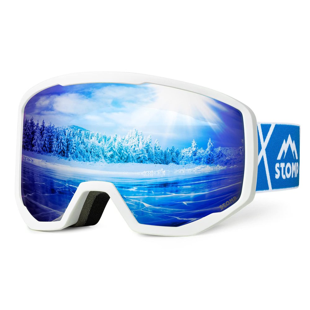 STOMP Ski/Snowboarding Goggles 100% UV400 Protection Replaceable Lens/Straps Goggle for Men, Women & Youth (White Frame/Blue Lens VLT 15%)