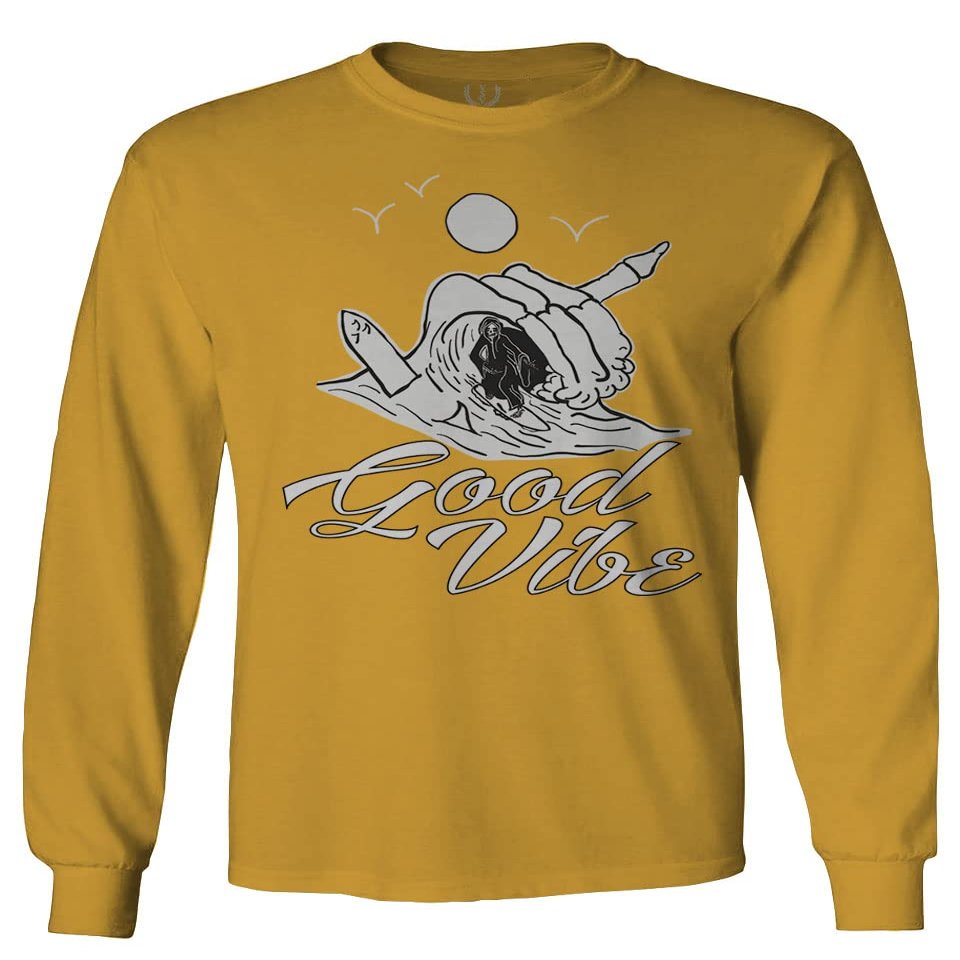 0386. Dope Skeleton Summer Vacations Beach Good Vibe surf Surfing Men's Long Sleeve t Shirt (Gold Medium)