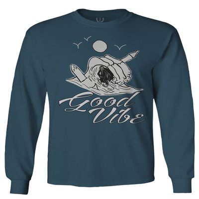 0386. Dope Skeleton Summer Vacations Beach Good Vibe surf Surfing Men's Long Sleeve t Shirt (Indigo Blue 2X Large)
