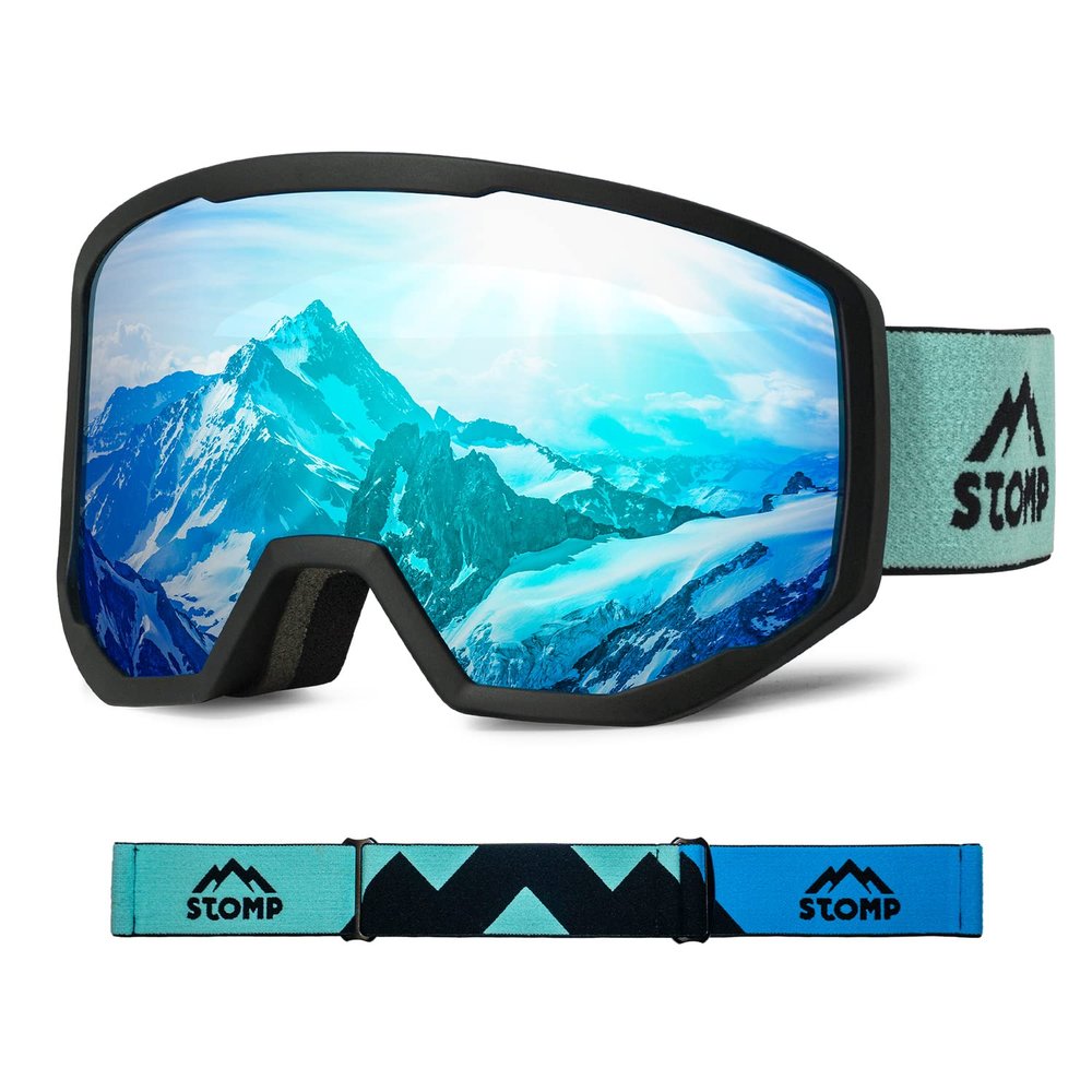 STOMP Ski/Snowboarding Goggles 100% UV400 Protection Replaceable Lens/Straps Goggle for Men, Women & Youth (Matte Blk Frame/Royal Blue Lens VLT 12%)
