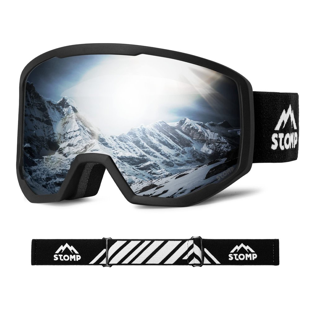 STOMP Ski/Snowboarding Goggles 100% UV400 Protection Replaceable Lens/Straps Goggle for Men, Women & Youth (Matte Blk Frame/Silver Lens VLT 10%)