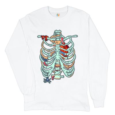 Zombie Rib Cage Long Sleeve T-Shirt All Hallows' Eve Spooky Halloween Skeleton White Small