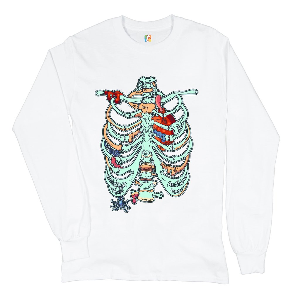 Zombie Rib Cage Long Sleeve T-Shirt All Hallows' Eve Spooky Halloween Skeleton White Small