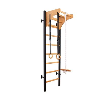 BenchK 211B+A076 Wallbars, Stall Bars, Swedish Ladder, Gymnastic Ladder with 8 Beech Oval Rungs, Adjustable Beech Wooden Pull Up Bar and Gymnastic Accessories Such as Wooden Rings