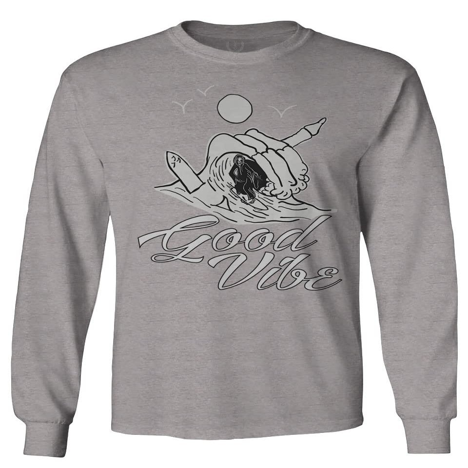 0386. Dope Skeleton Summer Vacations Beach Good Vibe surf Surfing Men's Long Sleeve t Shirt (Light Gray Large)