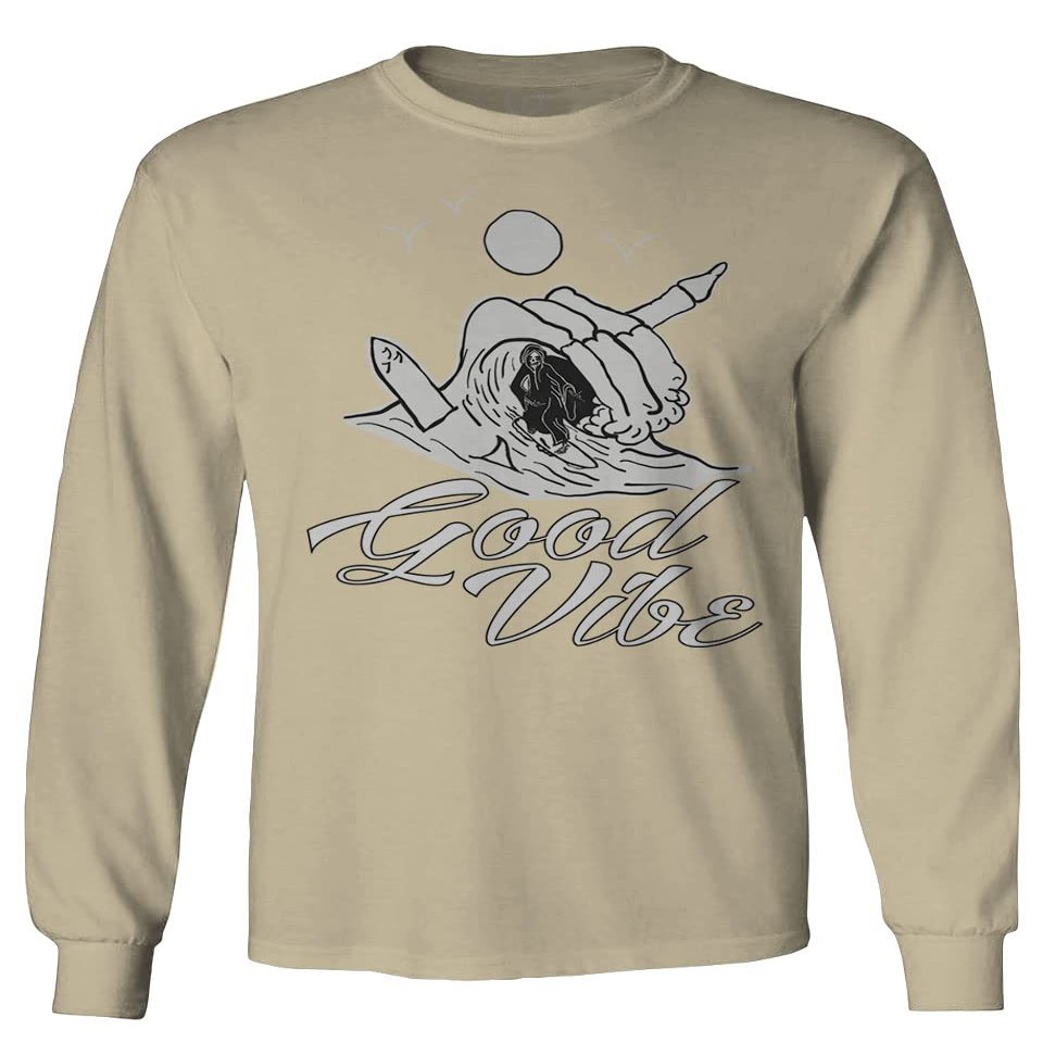 0386. Dope Skeleton Summer Vacations Beach Good Vibe surf Surfing Men's Long Sleeve t Shirt (Beige Medium)