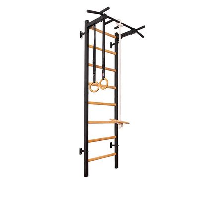 BenchK 221B+A076 Wallbars, Stall Bars, Swedish Ladder, Gymnastic Ladder with Fixed Steel 6-Grip Pull Up Bar, Gymnastic Rings, Rope and Swing, Wall Mounted for Suspension and Strength Training