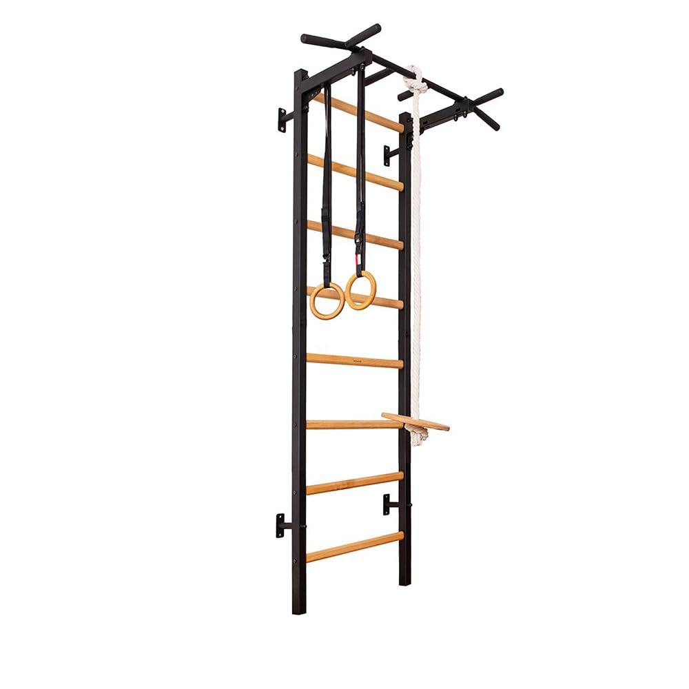 BenchK 221B+A076 Wallbars, Stall Bars, Swedish Ladder, Gymnastic Ladder with Fixed Steel 6-Grip Pull Up Bar, Gymnastic Rings, Rope and Swing, Wall Mounted for Suspension and Strength Training