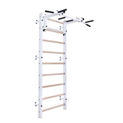BenchK - Wooden Swedish Ladder Wall Stall - Indoor Chin Up Bar Workout Equipment, Physical Therapy, Gymnastics, Fitness (WallBars + Convertible Pullup Bar, White)