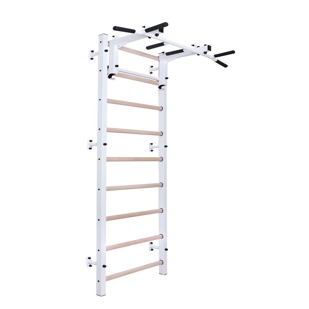 BenchK - Wooden Swedish Ladder Wall Stall - Indoor Chin Up Bar Workout Equipment, Physical Therapy, Gymnastics, Fitness (WallBars + Convertible Pullup Bar, White)