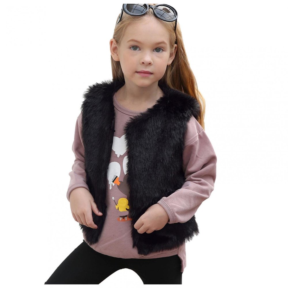 Toddler Baby Girls Kids Winter Warm Clothes Faux Fur Waistcoat Thick Coat Outwear Vest Tops 0-6 T Black