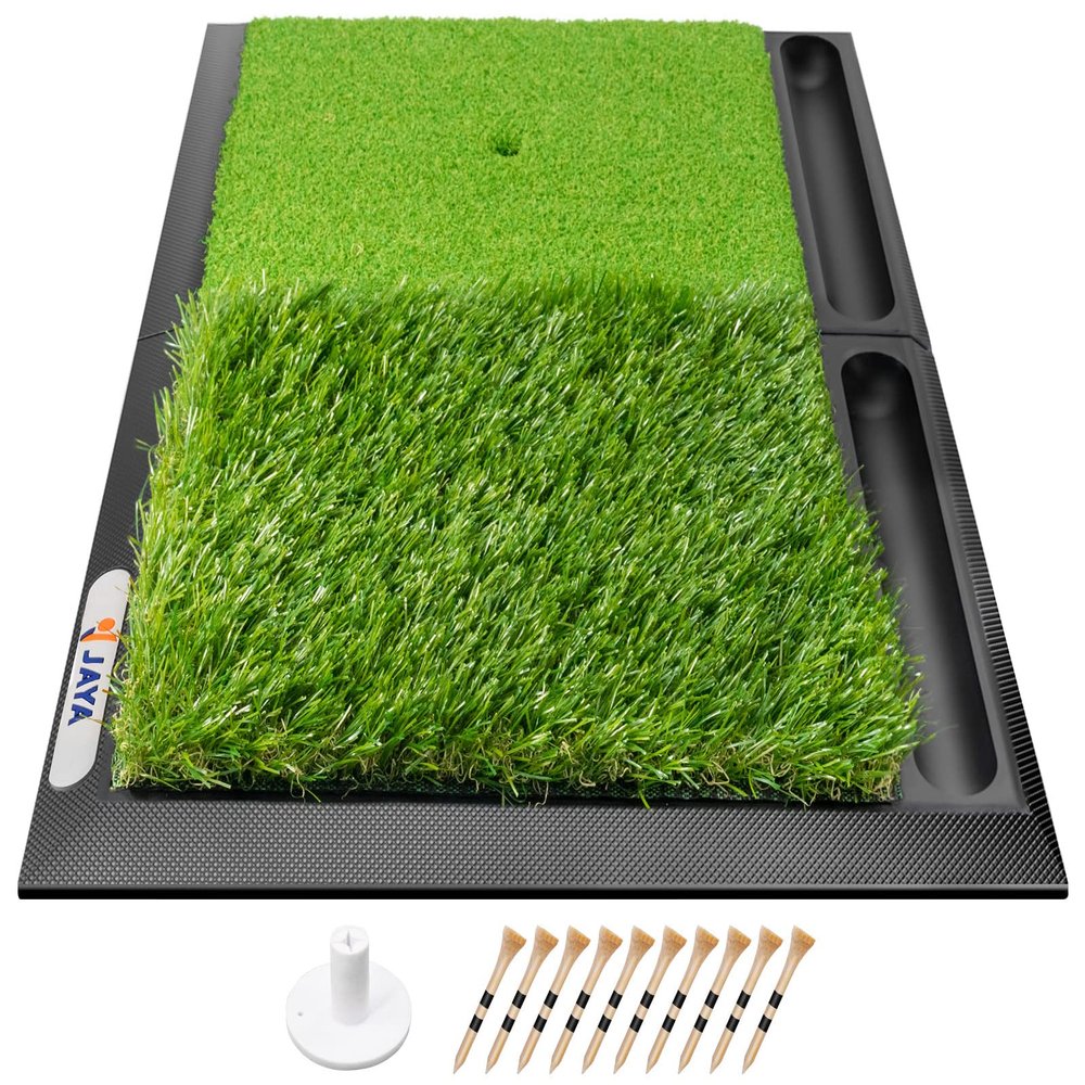 JAYA 25" x 17" Golf Hitting Mat with Ball Tray, Heavy Rubber Base, Fairway & Rough Turf Golf Training Mat, Golf Tees and Rubber Tee Holder Included, Portable Golf Practice Mat for Indoor and Outdoor