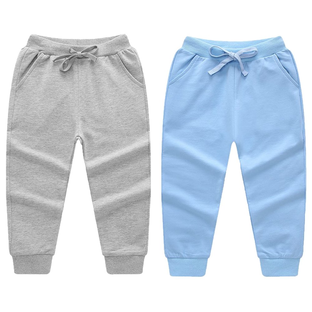 EISHOW Toddler Baby 2 Pack Cotton Active Jogger Pants, Kids Boys Girls Casual Athletic Sweatpants Pants with Drawstring Pocket (2 Pack-Light Blue&Gray,1-2 Years,1 Year,2 Years)