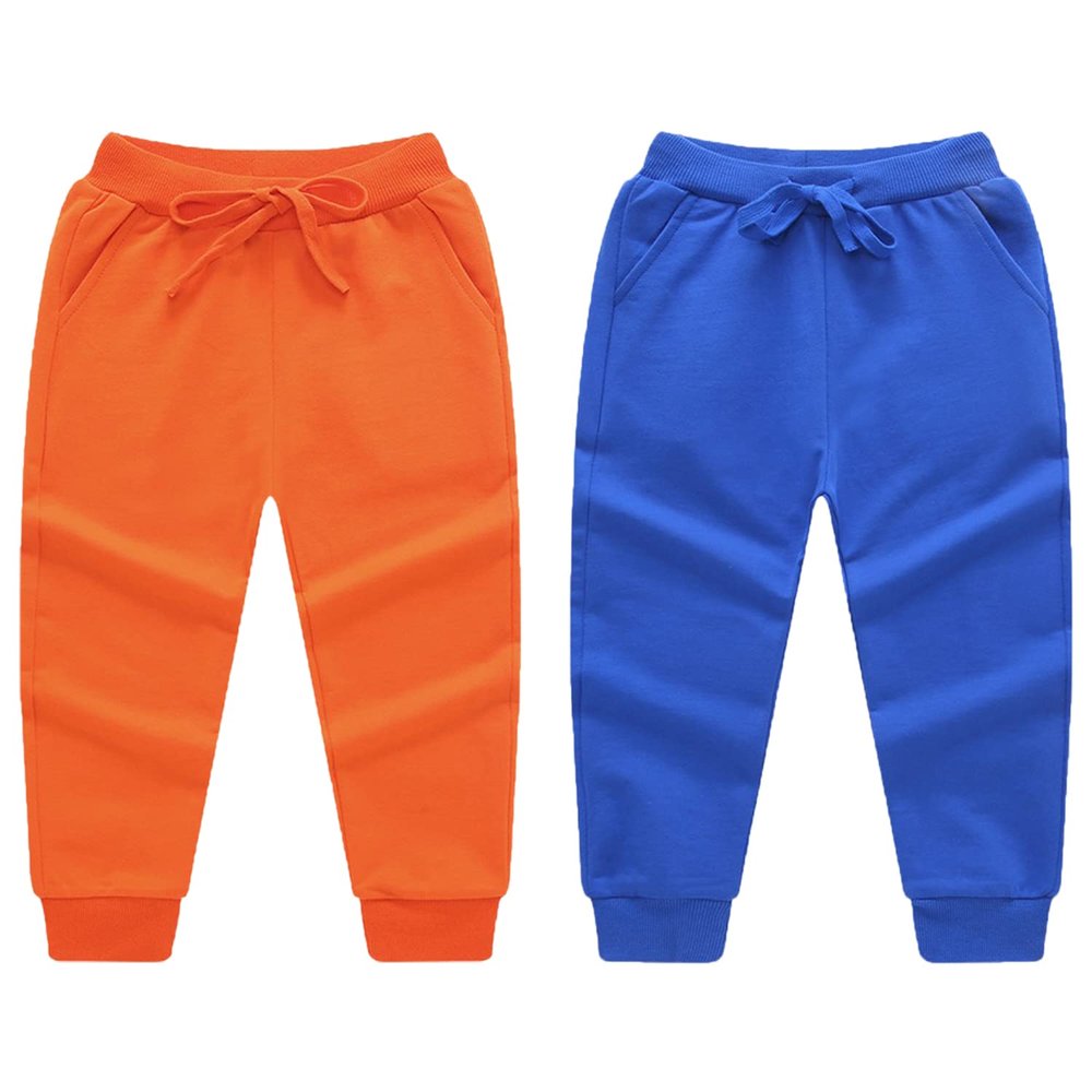 EISHOW Toddler Baby 2 Pack Cotton Active Jogger Pants, Kids Boys Girls Casual Athletic Sweatpants Pants with Drawstring Pocket (2 Pack-Orange&Color Blue,1-2 Years,1 Year,2 Years)