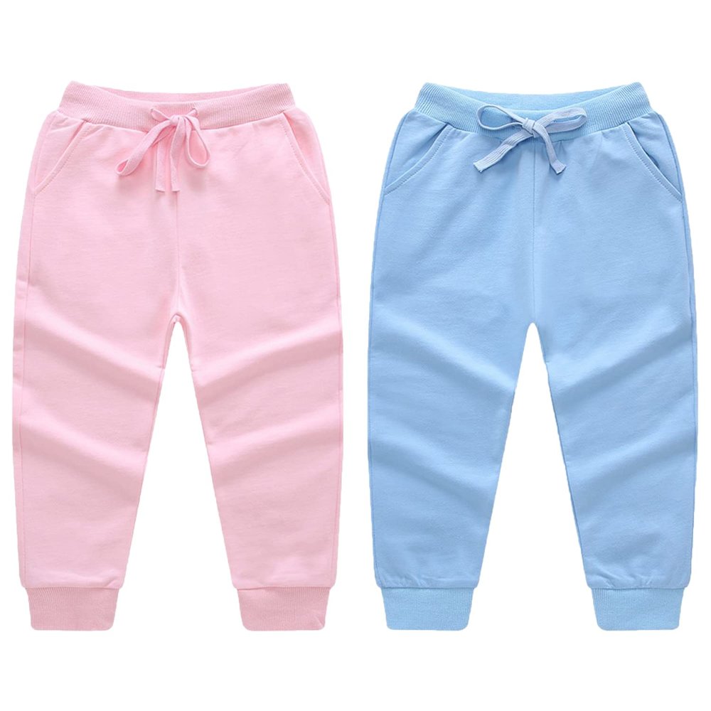 EISHOW Toddler Baby 2 Pack Cotton Active Jogger Pants, Kids Boys Girls Casual Athletic Sweatpants Pants with Drawstring Pocket (2 Pack-Light Blue&Pink,6-7 Years,6 Years,7 Years)