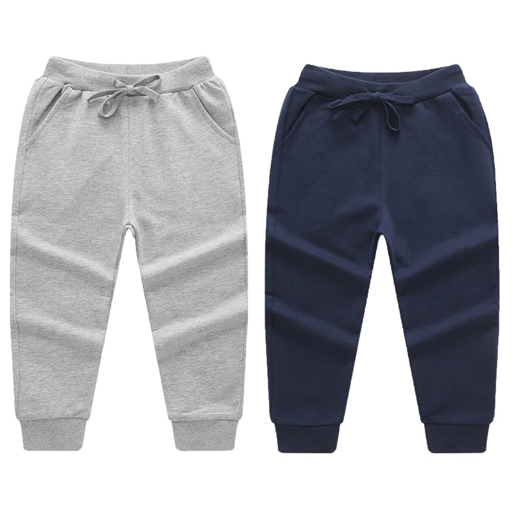 EISHOW Toddler Baby 2 Pack Cotton Active Jogger Pants, Kids Boys Girls Casual Athletic Sweatpants Pants with Drawstring Pocket (2 Pack-Navy&Gray,1-2 Years,1 Year,2 Years)